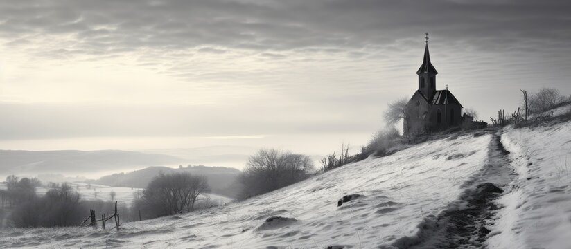 Person hiking near snowy hill with church, old abandoned church on winter hill
