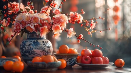 Flowers and oranges in a vase on table, natural beauty