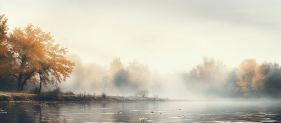 Ducks on misty river with distant trees