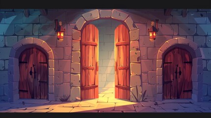 Medieval castle or dungeon with wooden doors. Cartoon illustration of stone walls and arch with closed gate. Parallax modern background for 2D animation. - obrazy, fototapety, plakaty