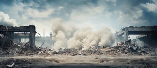 Destroyed urban building engulfed in smoke and rubble - obrazy, fototapety, plakaty
