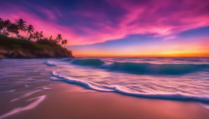 Fantastic beach. Colored sunset over the ocean. Magic sea landscape