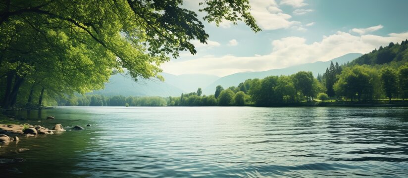 River with Overhanging Trees and Rocky Shore - Powered by Adobe