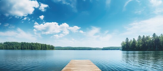 Scenic lake dock amidst lush forest backdrop - obrazy, fototapety, plakaty