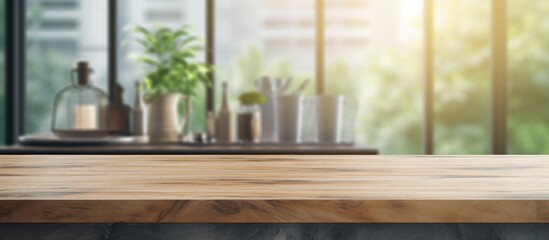 Wooden table with office building backdrop