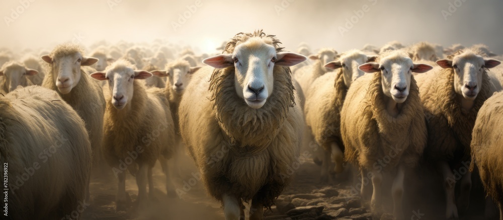 Poster group of sheep in dusty field with ear dust