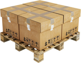 Stacked cardboard boxes on wooden pallet cut out png on transparent background