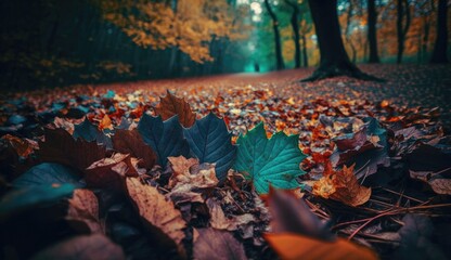 Vibrant Autumn Foliage Blanketing Forest Floor Generative AI - obrazy, fototapety, plakaty