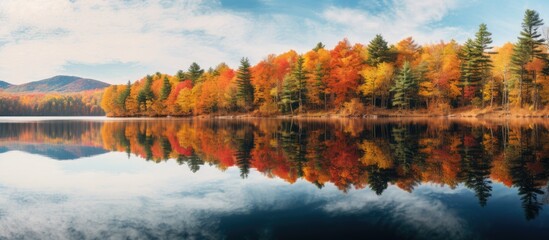 Trees reflect on mountain lake