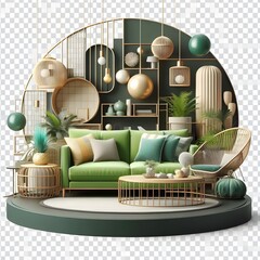  a modern and stylish living room setup. The room features a green sofa with various pillows, a coffee table, and a chair. The furniture is surrounded by decorative elements such as potted plants, vas