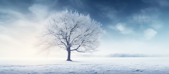 Lonely tree snowy field blue sky
