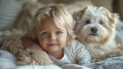 A girl and her dog are sharing a bed, both smiling happily together