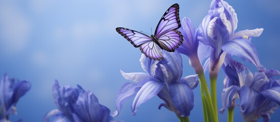 Purple flowers and butterfly under blue sky