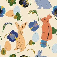 Fototapeta na wymiar Easter bunnies, eggs and stylized flowers hand drawn vector seamless pattern Retro style.