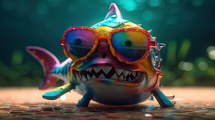 Vibrant Underwater Shark Attack with Sunglasses Generative AI - obrazy, fototapety, plakaty