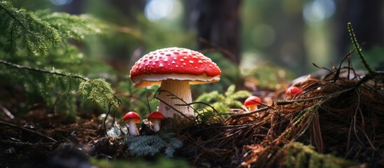 Close-up of fungal growth amidst woodland - obrazy, fototapety, plakaty