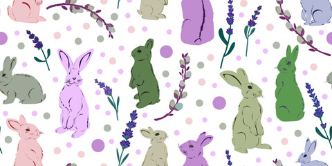 Easter bunnies stylized flowers hand drawn vector seamless pattern Retro style.