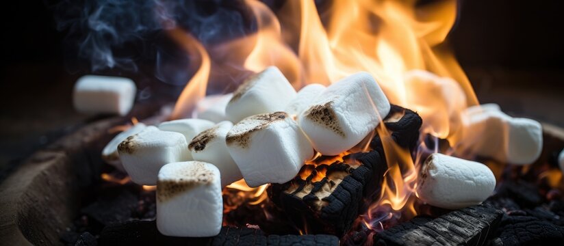 Marshmallows roasting over campfire flames