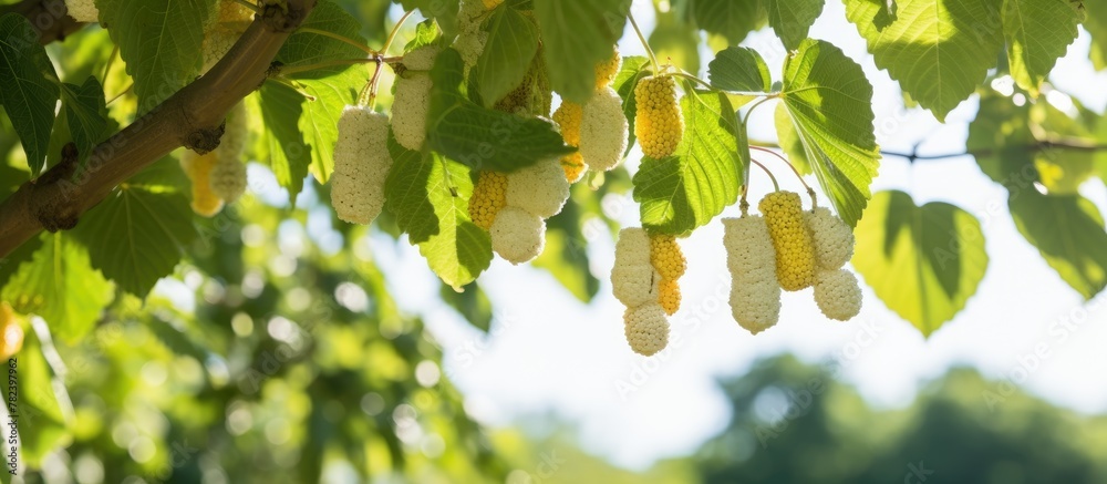 Poster leaves hanging from tree branch up close