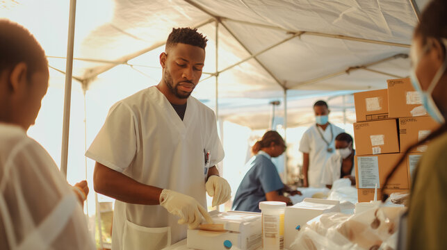 Healthcare Workers at a Community Outdoor Medical Camp Providing Assistance