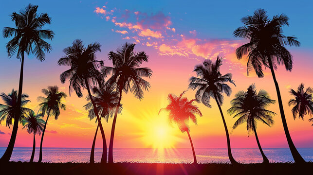 Silhouette of palm trees at tropical sunrise or sunset background