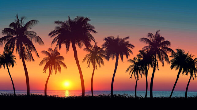 Silhouette of palm trees at tropical sunrise or sunset background