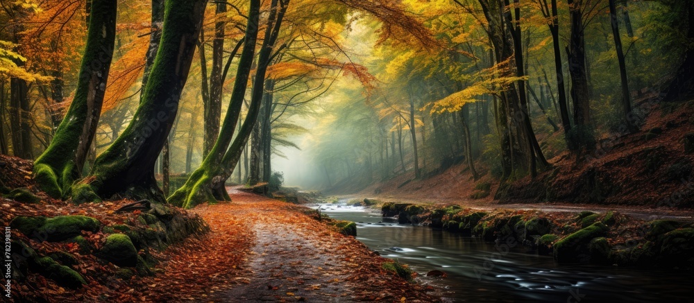 Poster Autumn colors adorn Basque forest path with flowing stream