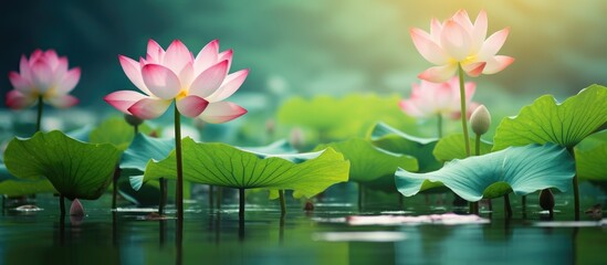 Lotus flowers and green leaves in water - obrazy, fototapety, plakaty
