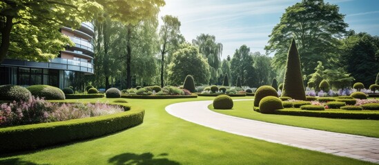 Formal garden with distant skyscraper