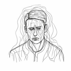 Continuous One Line Portrait of Anxious Man Generative AI