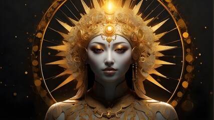 frontally, the round golden halo surrounding the face of a celestial entity.