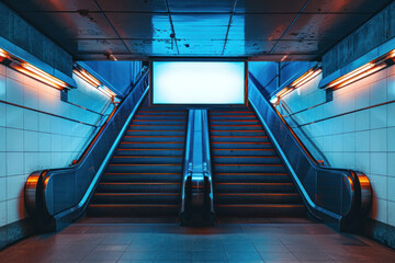 Image of a glowing escalator with vibrant blue overhead lighting and a blank advertisement space