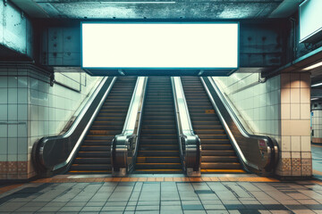 This image shows an empty escalator in a metro station with a large blank advertising space awaiting graphics
