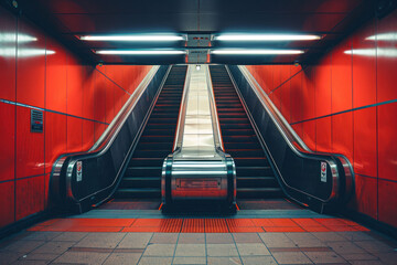 This image captures a striking red-colored escalator situated in a contemporary underground metro station, highlighting urban transport