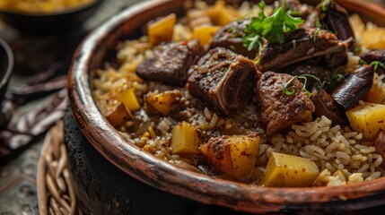 In the national cuisine of Jordan, Makluba (or Maklube) is a classic dish of the Middle East.  - obrazy, fototapety, plakaty