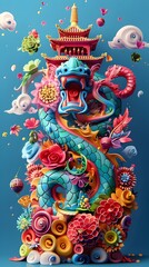 Obraz premium Captivating of Vibrant Asian Songkran Festival with Ornate Dragon,Pagoda and Flowers