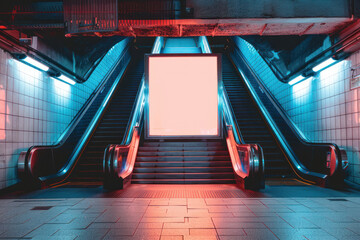 An escalator leading to an empty, illuminated advertisement billboard in a subway station offers potential for marketing messages