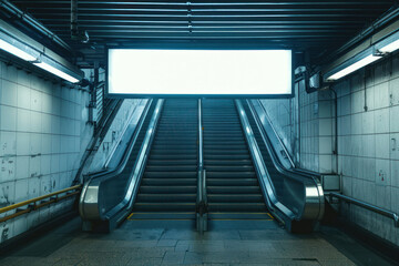This image shows an empty escalator alongside a brightly lit billboard in a quiet subway station, depicting urban solitude