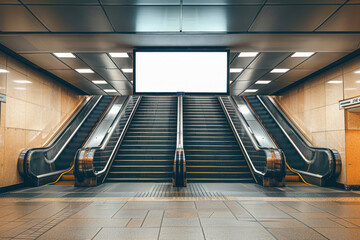Perfect symmetry is displayed with an escalator leading to a blank advertisement in a well-lit, clean subway station