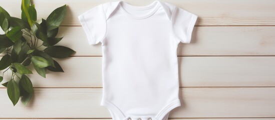 Infant bodysuit and plant on wooden surface
