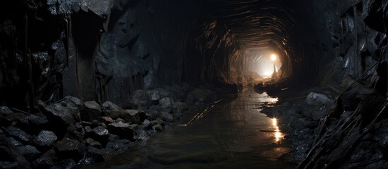 Abandoned mine tunnel with water stream - Powered by Adobe