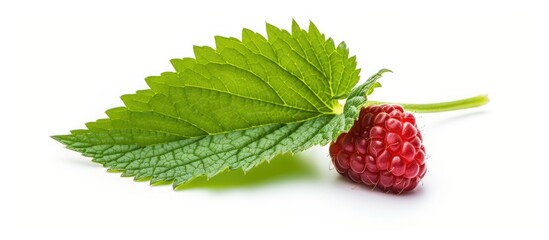 Closeup of a raspberry with leaf on white