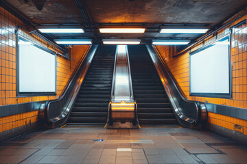 A visually appealing image showcasing escalators between yellow tiled walls with ad spaces - obrazy, fototapety, plakaty