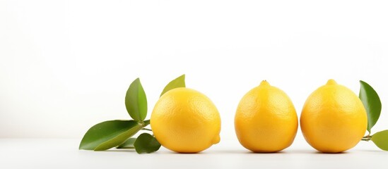 Three lemons and leaves on white background