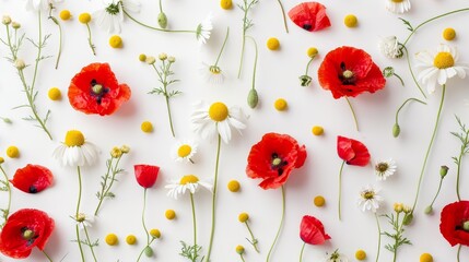 Background with white chamomile and red poppies