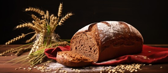 Loaf of whole wheat bread on fabric with grains - obrazy, fototapety, plakaty