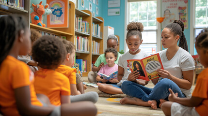 Young Teacher Reading to Diverse Group of Children in Library Setting