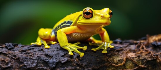 Naklejka premium Yellow frog perched on tree branch