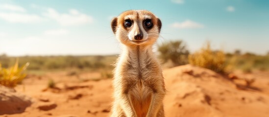 Meerkat stands on hind legs in wild, cute mammal suricata - obrazy, fototapety, plakaty