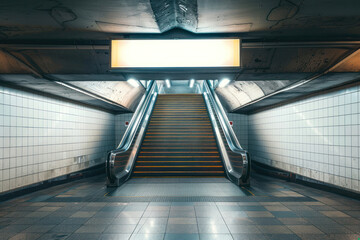 A silent and empty ascending staircase in a subway with fluorescent lights creating a moody atmosphere